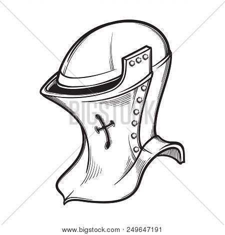 Medieval European Helmet Belonging To The Heaume Type. Side View. Heraldry Element. Black A Nd White