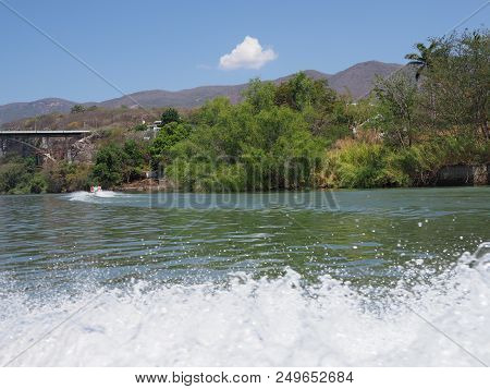 Water Splash And Motor Boat On Grijalva River Landscapes Near Sumidero Canyon At Chiapas State In Me