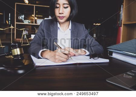 Advice And Justice Concept. Justice Scales, Justice Hammer And Litigation And Litigation Document, F