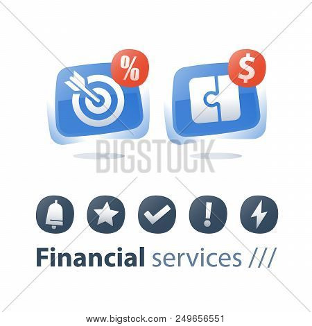 Financial Solution, Investment Strategy, Puzzle Piece, Target Arrow, Cash Loan, Payment Installment,