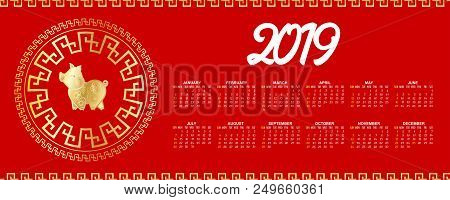 Horizontal Template Chinese New Year Calendar 2019. Week Year Month Date Mockup. Yellow Pig Traditio