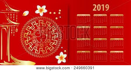 Template Chinese New Year Calendar 2019. Week Year Month Date Mockup. Yellow Pig Traditional Symbol 