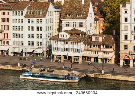Zurich, Switzerland - September 28, 2017: Buildings Of The Historic Part Of The City Of Zurich Along