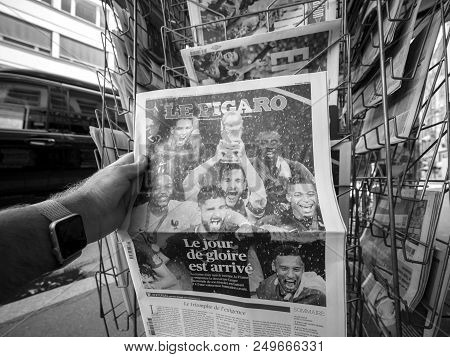 Paris, France - Jul 16, 2018: Man Buying Le Figaro Newspaper Announcing France Champion Title After 