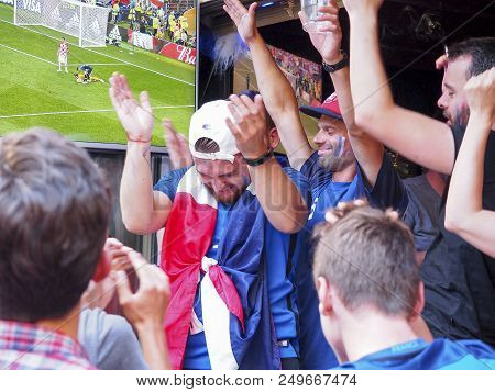 St Malo, France - July 15, 2018. Unidentified French Football Fans Supporters At France In Front Of 