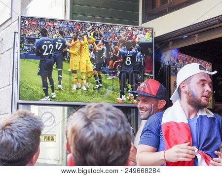 St Malo, France - July 15, 2018. Unidentified French Football Fans Supporters At France In Front Of 