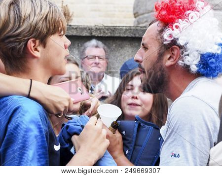 St Malo, France - July 15, 2018. Unidentified French Football Fans Supporters At France In Front Of 