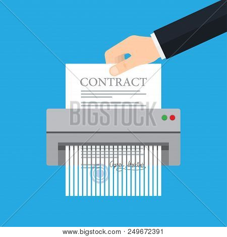 Hand Putting Paper In Shredder Machine. Contract Termination. Vector Illustration