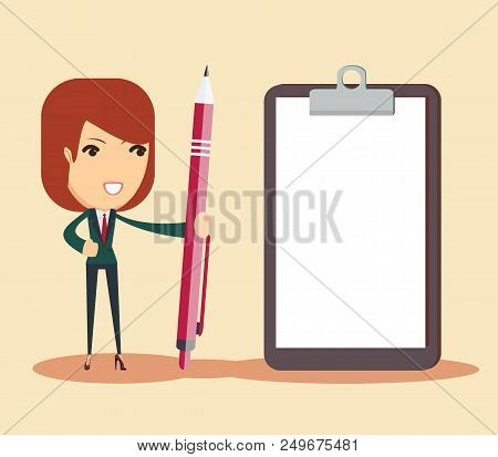 Thoughtful Young Businesswoman With Pencil And Paper Over Background. Stock Flat Vector Illustration
