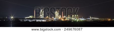 Panorama View Of Cement Plant And Power Sation At Night In Ivano-frankivsk, Ukraine
