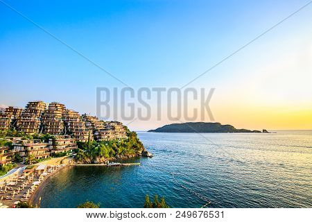 Adriatic Sea Coast, Modern Villas And Luxury Apartments. Rich Resort On Sunset, Hotel Seaside, Beach