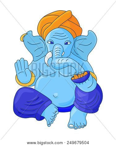 Isolated Vector Illustration: Blue Lord Ganesha Vinayaka. God Ganapati With Elephant Face. Blessing 