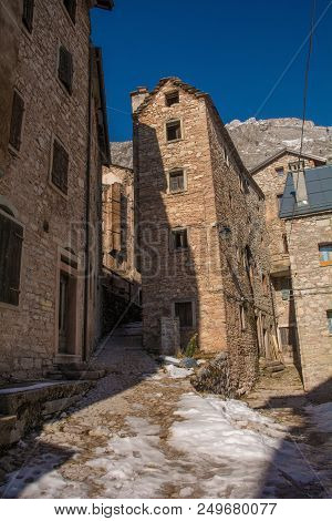 A Street In The Hill Village Of Casso In Winter Friuli Venezia Giulia, North East Italy. With A Popu