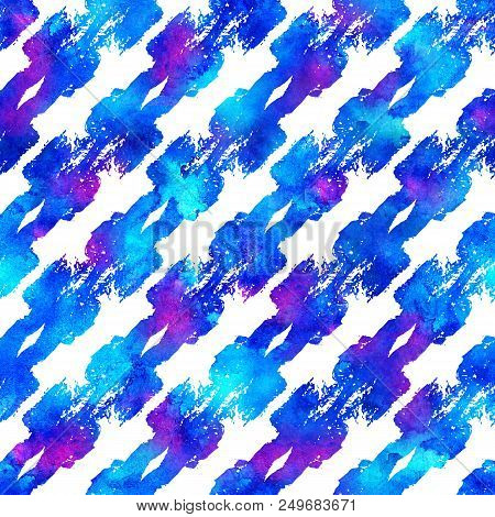 Colorful Seamless Pattern With Brush Strokes And Dots. Bluewatercolor Color On White Background. Han