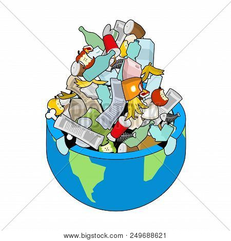 Earth Garbage Dump. Planet And Garbage. Scrapyard Vector Illustration.