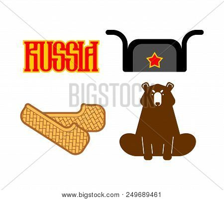 Russia Set Sign Icon. Bast Shoes And Bear. Ushanka And Red Star. Russian National Folk Symbol. Vecto