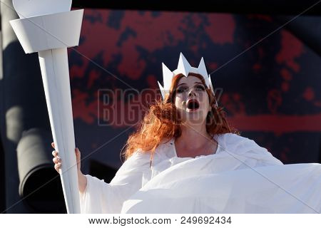 ST. PETERSBURG, RUSSIA - JULY 15, 2018: Julia Gertseva as Lady Macbeth in the opera Macbeth outdoors during the festival All Together Opera. It was 2nd of 4 performances