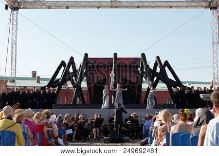 ST. PETERSBURG, RUSSIA - JULY 15, 2018: Actors perform the opera Macbeth of G. Verdi outdoors during the festival All Together Opera. It was 2nd of 4 performances
