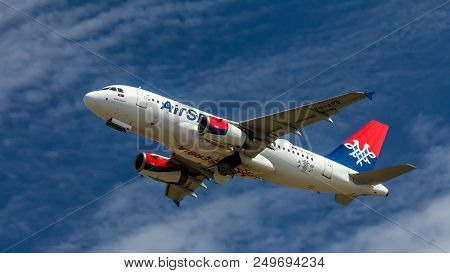 Berlin, Germany, 07.07.2018: Air Serbia Airbus A319 Aircraft Named After Goran Bregovic Departing Fr