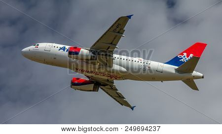 Berlin, Germany, 07.07.2018: Air Serbia Airbus A319 Aircraft Named After Goran Bregovic Departing Fr