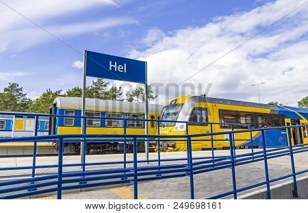 Jastarnia, Poland - August 1, 2015: Trains On Hel Railway Station. Station Serving The Town Of Hel I