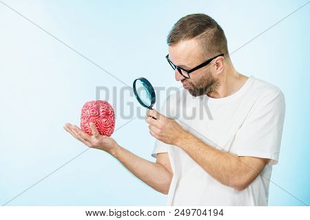 Adult Nerd Man Wearing Eyeglasses Looking At Human Brain Model. Thinking And Intelligence Conept