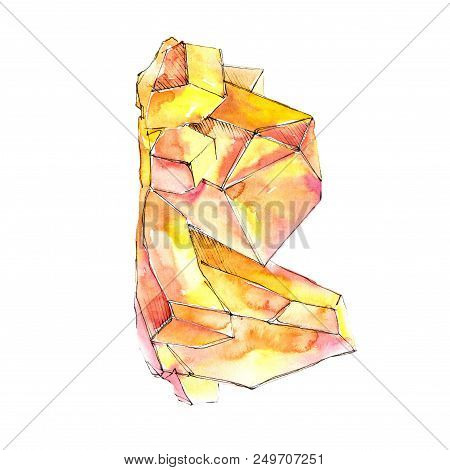 Orange Diamond Rock Jewelry Mineral. Isolated Illustration Element. Geometric Quartz Polygon Crystal