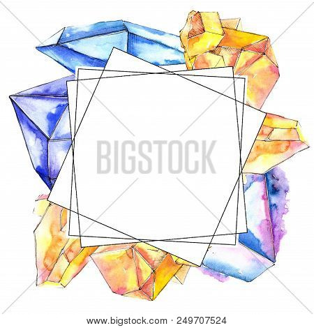 Colorful Diamond Rock Jewelry Mineral. Frame Border Ornament Square. Geometric Quartz Polygon Crysta