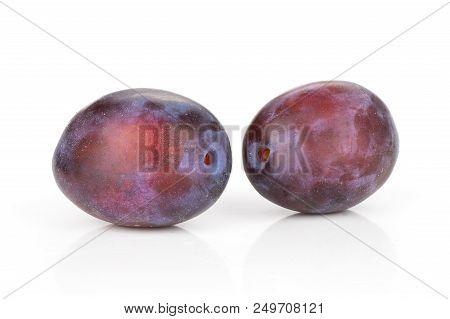 Group Of Two Whole Fresh Violet-blue Plum Vibrant Moyer Variety Isolated On White
