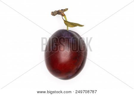 One Whole Fresh Violet-blue Plum Vibrant Moyer Variety With A Small Leaf Flatlay Isolated On White