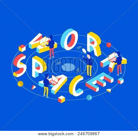 Workspace Design Concept. Workspace 3d Word Lettering Typography With Isometric Office Workers And L