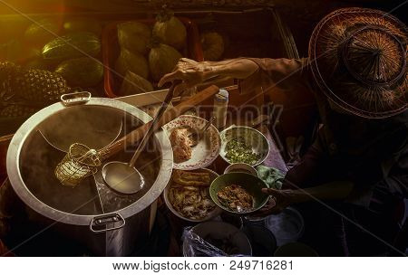 Thai Noodle Food Making On Floating Boat In Floating Market Thailand