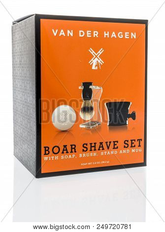 Winneconne, Wi - 7 July 2018: A Box Of Van Der Hagen Boar Shave Set Products On An Isolated Backgrou