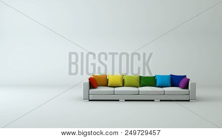 Interior Design Modern Bright Room With White Sofa And Rainbow Pillows 3d Illustration