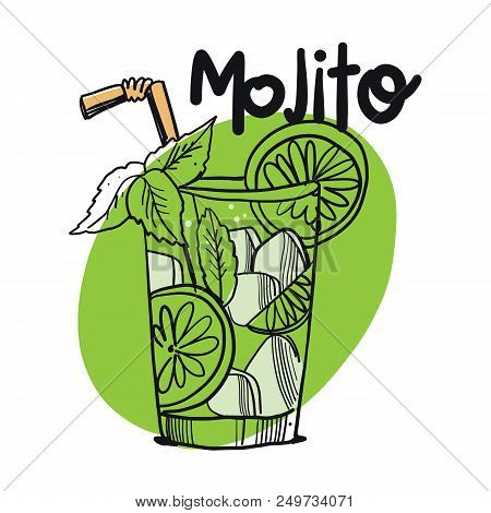 Cocktail Mojito In Sketch Style For Menu. Mojito Contemporary Classic Cocktail. Longdrink. Fresh Lem