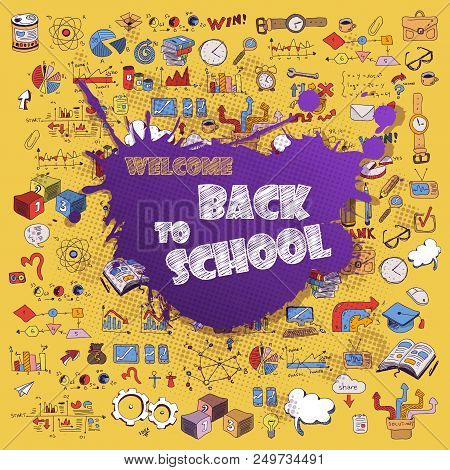 Concept Of Education. School Background With Hand Drawn School Supplies And Comic Speech Bubble With
