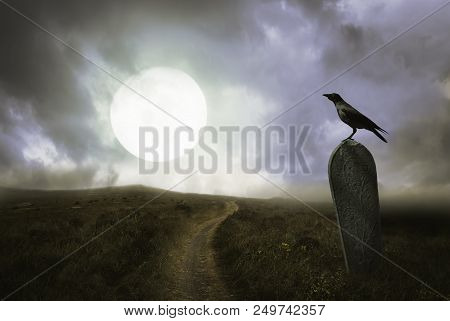 Apocalyptic Halloween Scenery With Grave, Raven And Moon