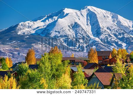 Residential neighborhood in Colorado at autumn, USA. Mount Sopris landscape.