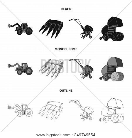 Motoblock And Other Agricultural Devices. Agricultural Machinery Set Collection Icons In Black, Mono