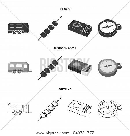 Trailer, Shish Kebab, Matches, Compass. Camping Set Collection Icons In Black, Monochrome, Outline S