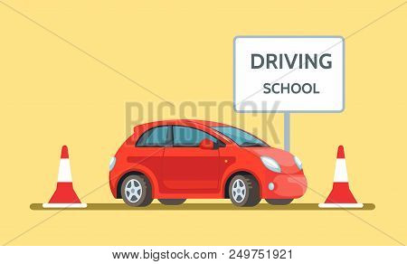 Vector Illustration Of Red Car Driving School Outdoor In Flat Style. Design Concept Drivers Educatio