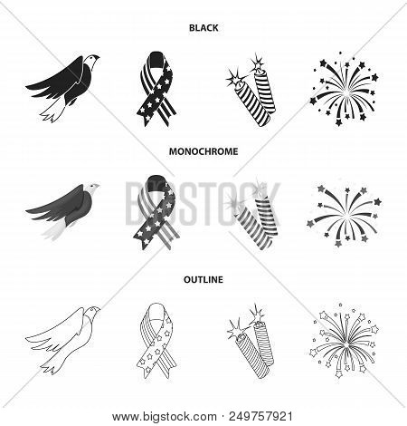 American Eagle, Ribbon, Salute. The Patriot Day Set Collection Icons In Black, Monochrome, Outline S