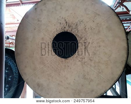Close Up Of Big Drum At The Temple, Big Gong In Temple, Thailand, Big Bell, Copy Space,