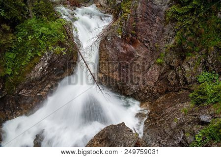Morskie Oko.  Waterfall In Tatra Mountains. Morskie Oko.