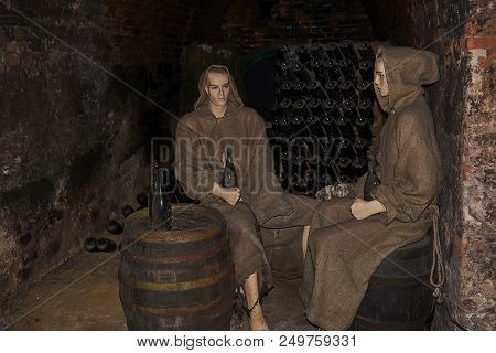 Znojmo, Czech Republic - July 4, 2018: Monastery Loucky Klaster. Znovín Znojmo Winery. Mannequins In