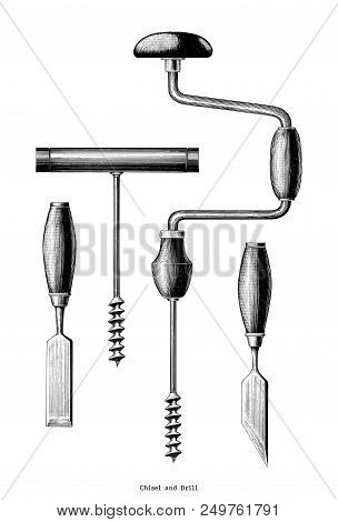 Vintage Chisel And Drill Hand Drawing Clip Art Isolated On White Background