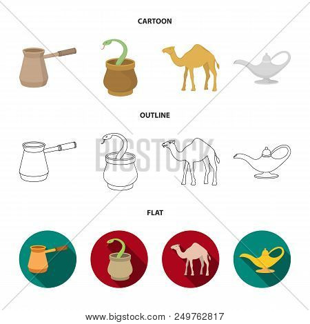 Cezve, Oil Lamp, Camel, Snake In The Basket.arab Emirates Set Collection Icons In Cartoon, Outline, 