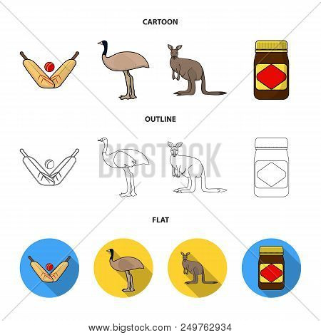 A Game Of Cricket, An Emu Ostrich, A Kangaroo, A Popular Food.australia Set Collection Icons In Cart