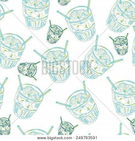 Pastel Green And Blue Seamless Pattern With Moscow Mule Cocktail Hand Drawn Ink Illustration On Whit