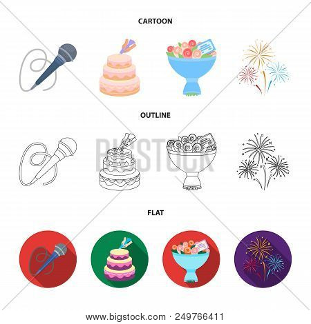 Hand Making A Cake With Cream, A Microphone With A Cord, A Bouquet Of Roses With A Greeting Card, A 